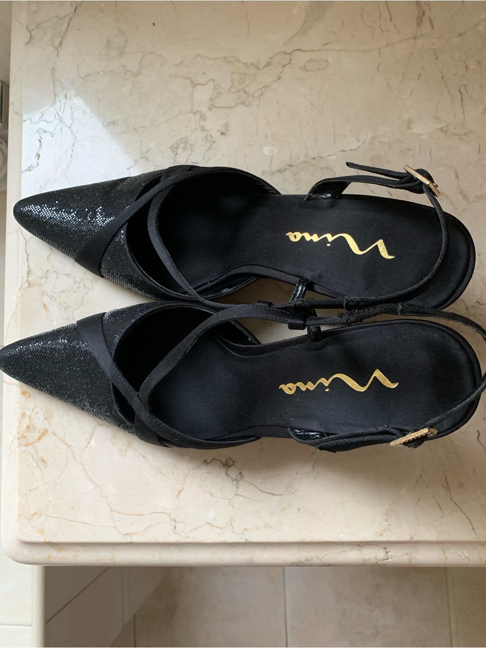 Nina Black Pointed Toe Slingback Heels with Subtle Shine